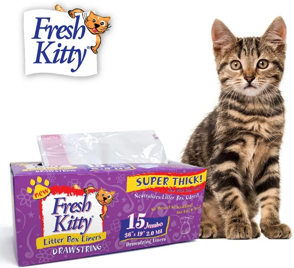 15 Count Fresh Kitty Litter Box Liners Super Thick, Durable, Easy Clean up Jumbo Drawstring Scented Litter Pan Box Liners, Bags for Pet Cats