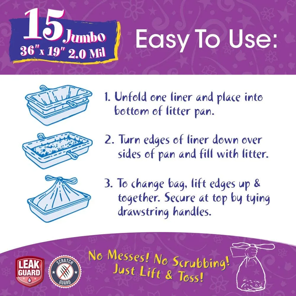 15 Count Fresh Kitty Litter Box Liners Super Thick, Durable, Easy Clean up Jumbo Drawstring Scented Litter Pan Box Liners, Bags for Pet Cats