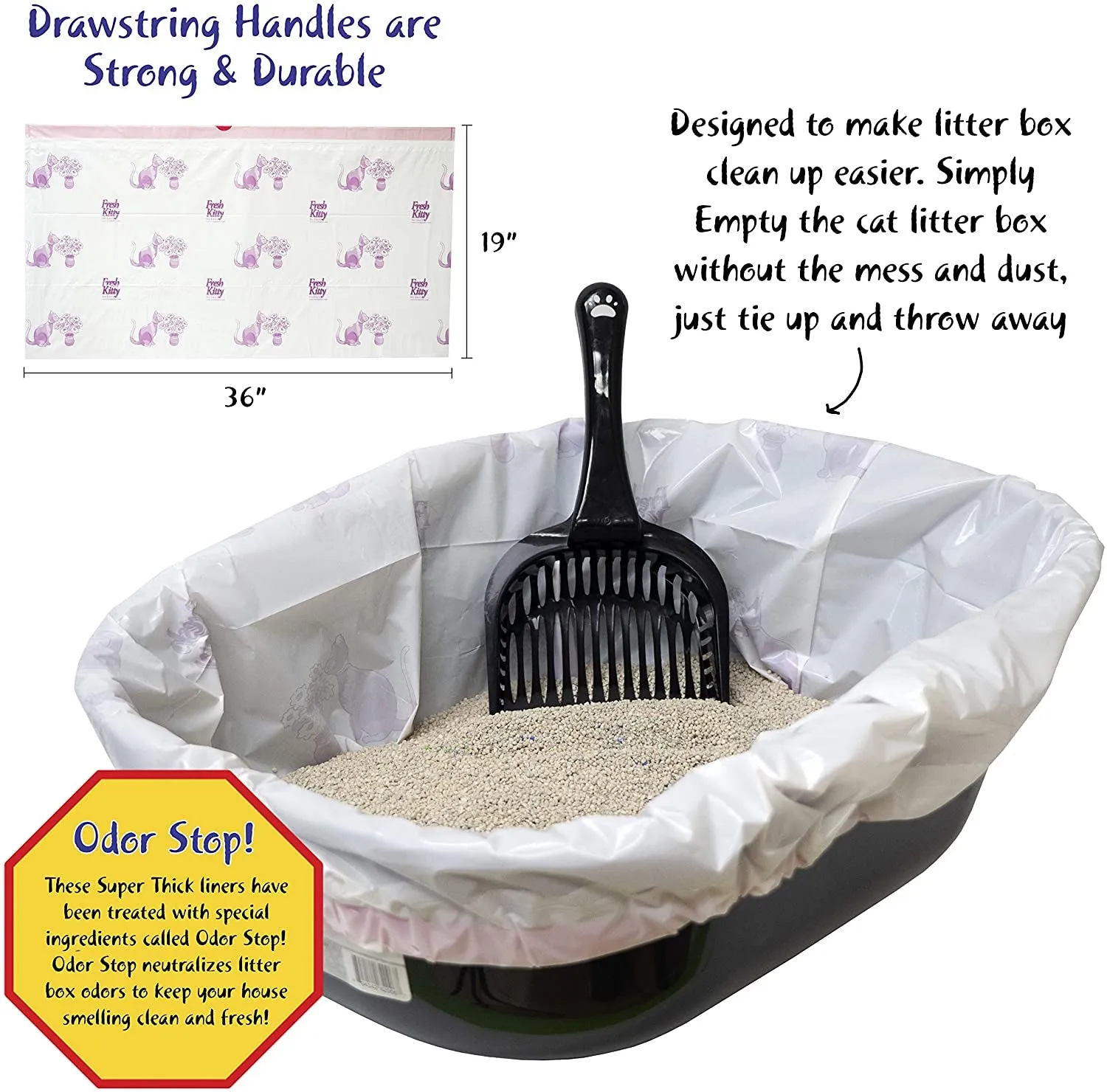 15 Count Fresh Kitty Litter Box Liners Super Thick, Durable, Easy Clean up Jumbo Drawstring Scented Litter Pan Box Liners, Bags for Pet Cats