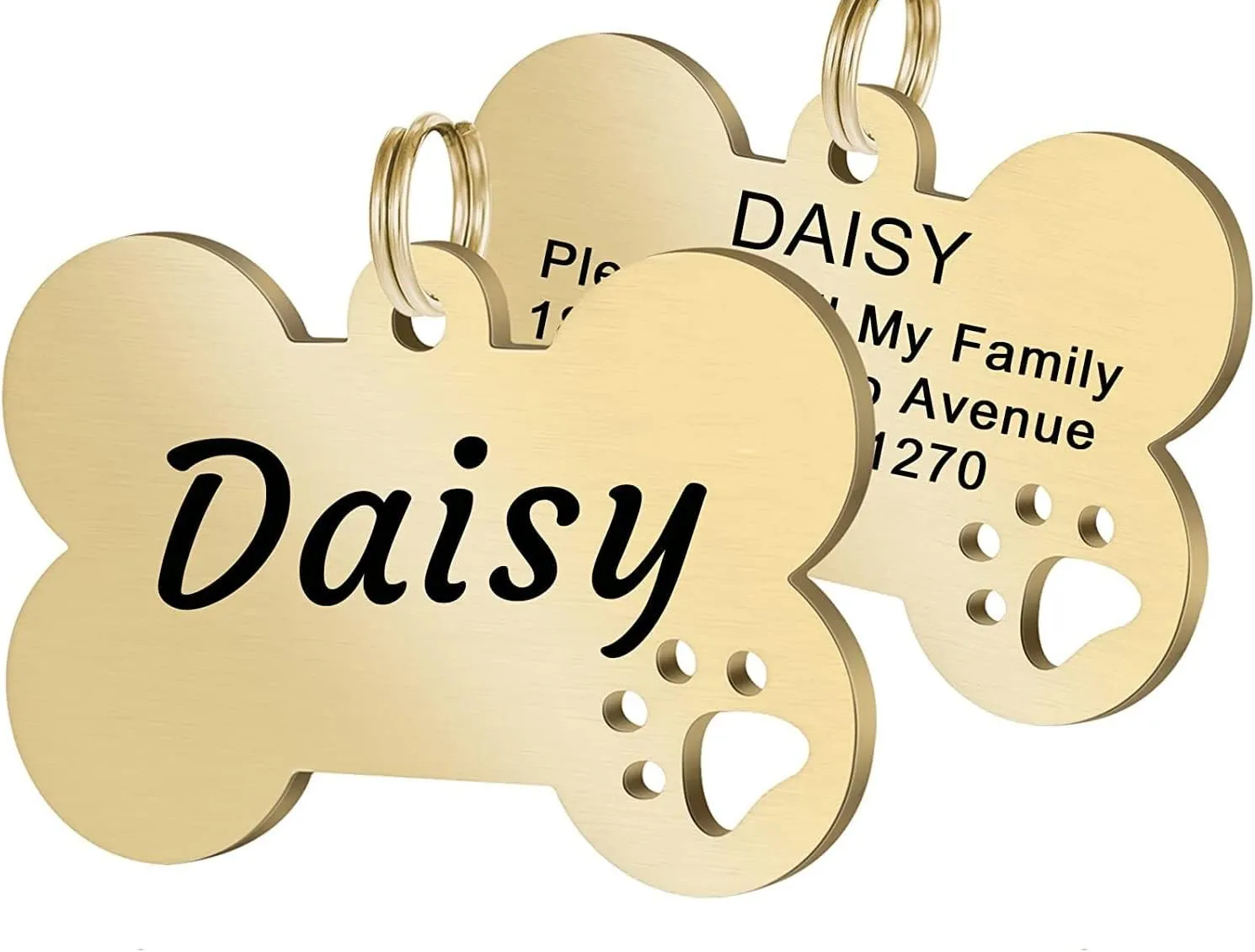 2 Pack Personalized Pet ID Tags, Stainless Steel Dog Tags,Custom Bone&Hollowed Paw Shaped Engraved Dog Name, Label, Address & Phone, Customizable on Both Sides (Medium, Gold)