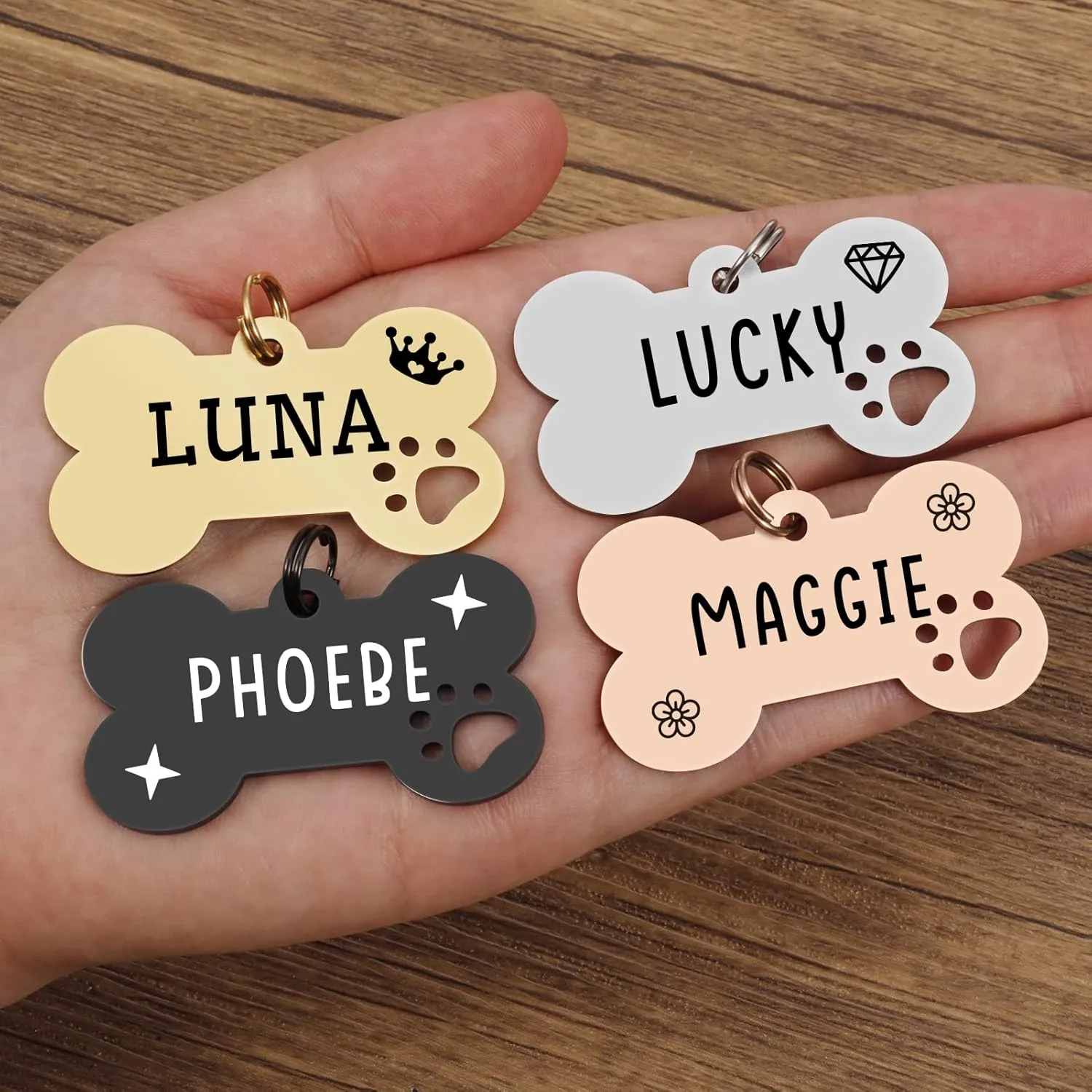 2 Pack Personalized Pet ID Tags, Stainless Steel Dog Tags,Custom Bone&Hollowed Paw Shaped Engraved Dog Name, Label, Address & Phone, Customizable on Both Sides (Medium, Gold)