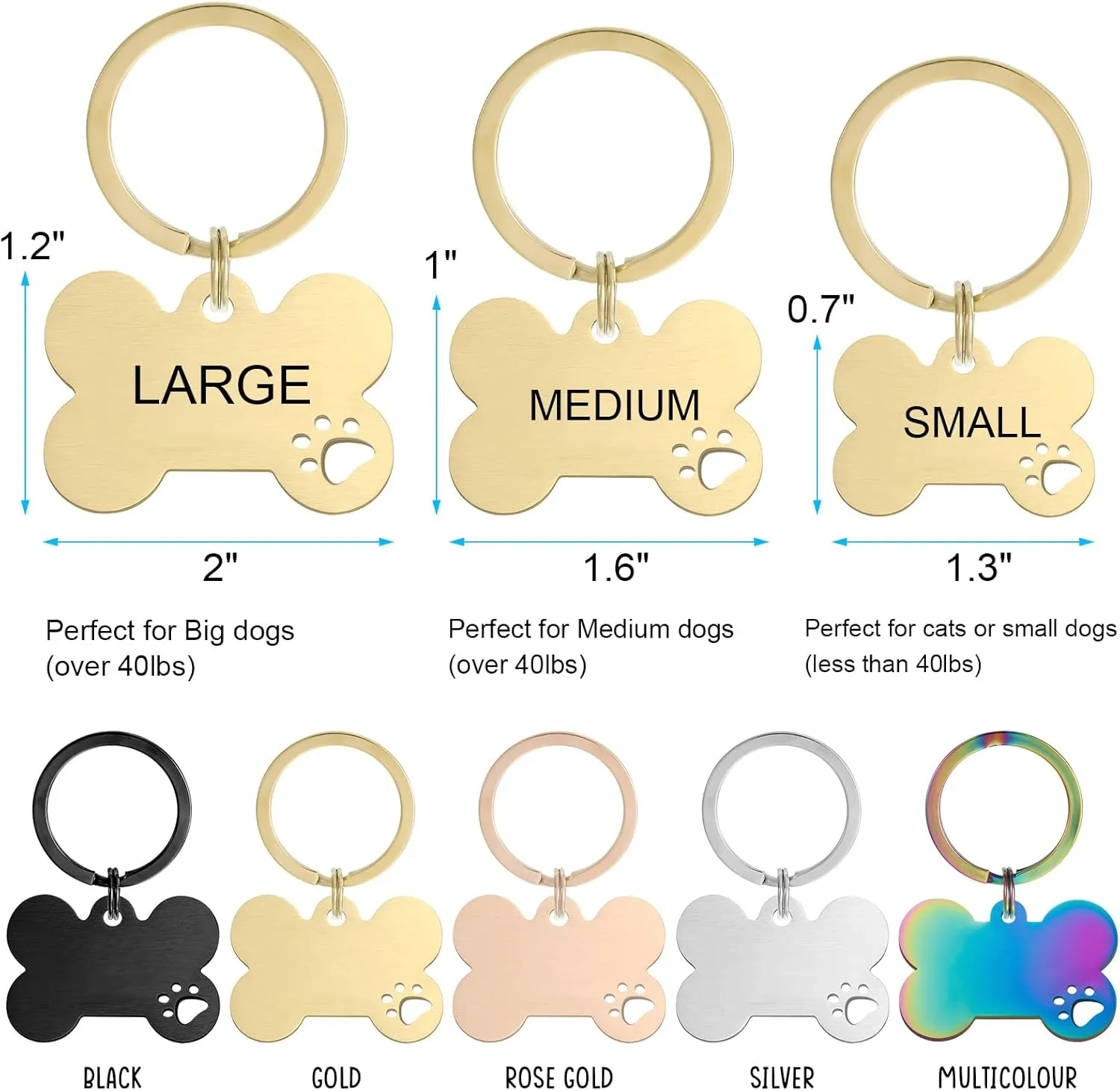 2 Pack Personalized Pet ID Tags, Stainless Steel Dog Tags,Custom Bone&Hollowed Paw Shaped Engraved Dog Name, Label, Address & Phone, Customizable on Both Sides (Medium, Gold)