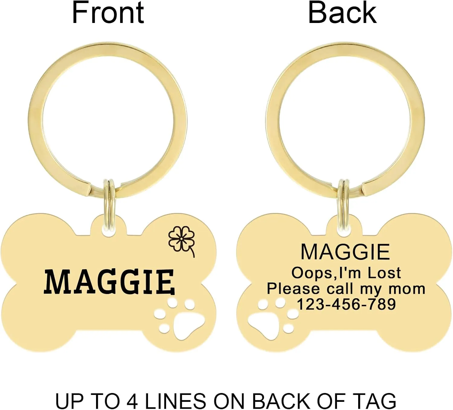 2 Pack Personalized Pet ID Tags, Stainless Steel Dog Tags,Custom Bone&Hollowed Paw Shaped Engraved Dog Name, Label, Address & Phone, Customizable on Both Sides (Medium, Gold)