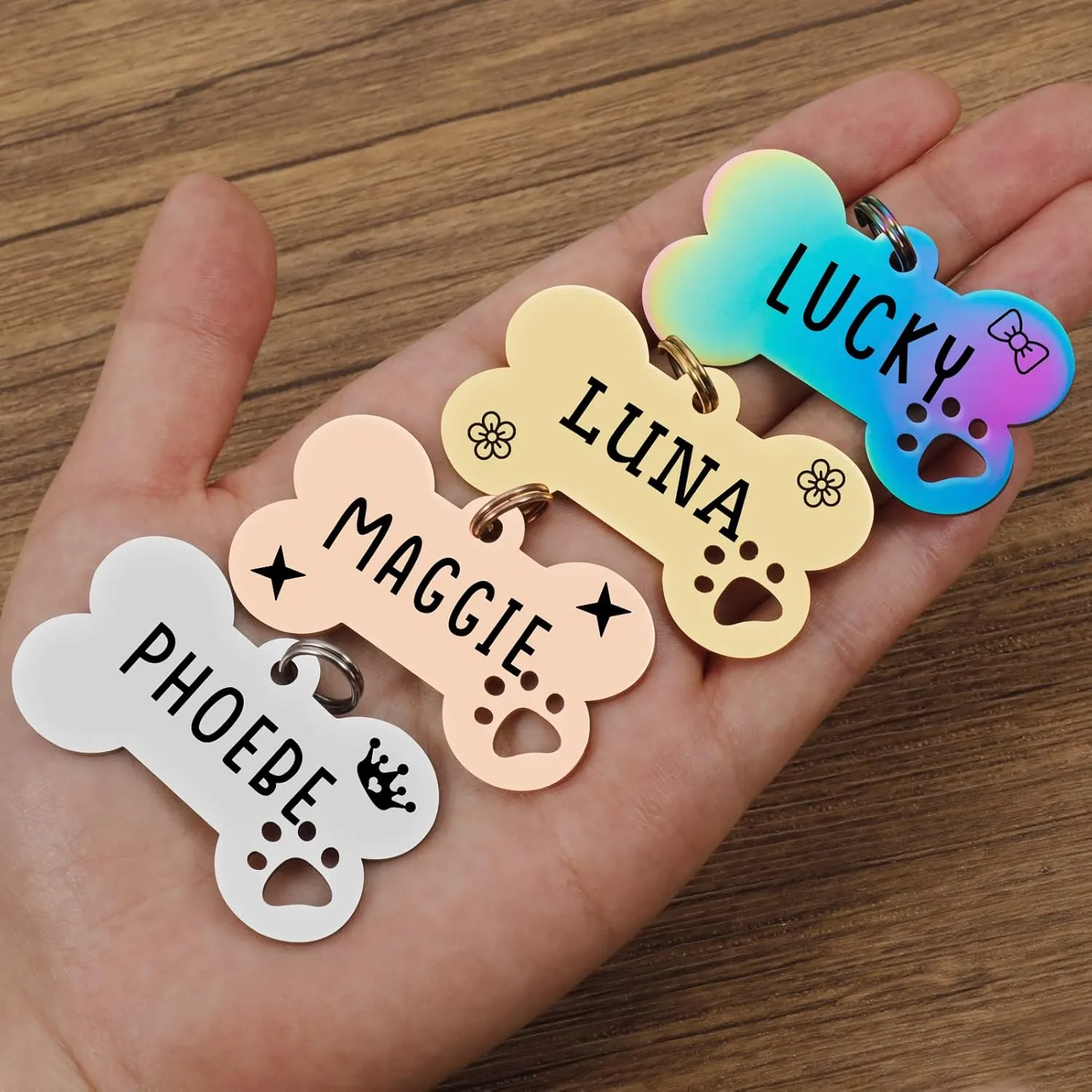 2 Pack Personalized Pet ID Tags, Stainless Steel Dog Tags,Custom Bone&Hollowed Paw Shaped Engraved Dog Name, Label, Address & Phone, Customizable on Both Sides (Medium, Gold)