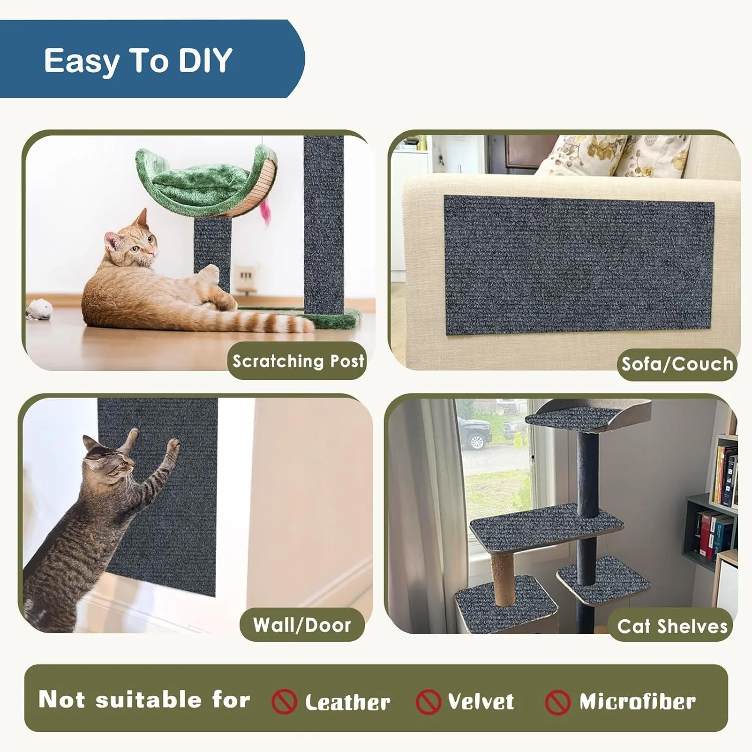 3Pack Cat Scratching Mat, 23.6 x 11.8 in Trimmable Self-Adhesive Cat Scratch Carpet DIY Climbing Cat Scratcher Cat Tree Shelves Couch Furniture Protector (Light Grey)
