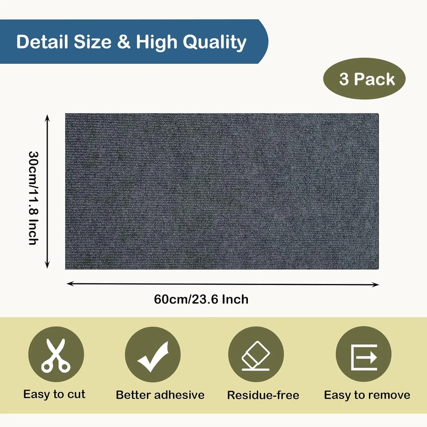 3Pack Cat Scratching Mat, 23.6 x 11.8 in Trimmable Self-Adhesive Cat Scratch Carpet DIY Climbing Cat Scratcher Cat Tree Shelves Couch Furniture Protector (Light Grey)