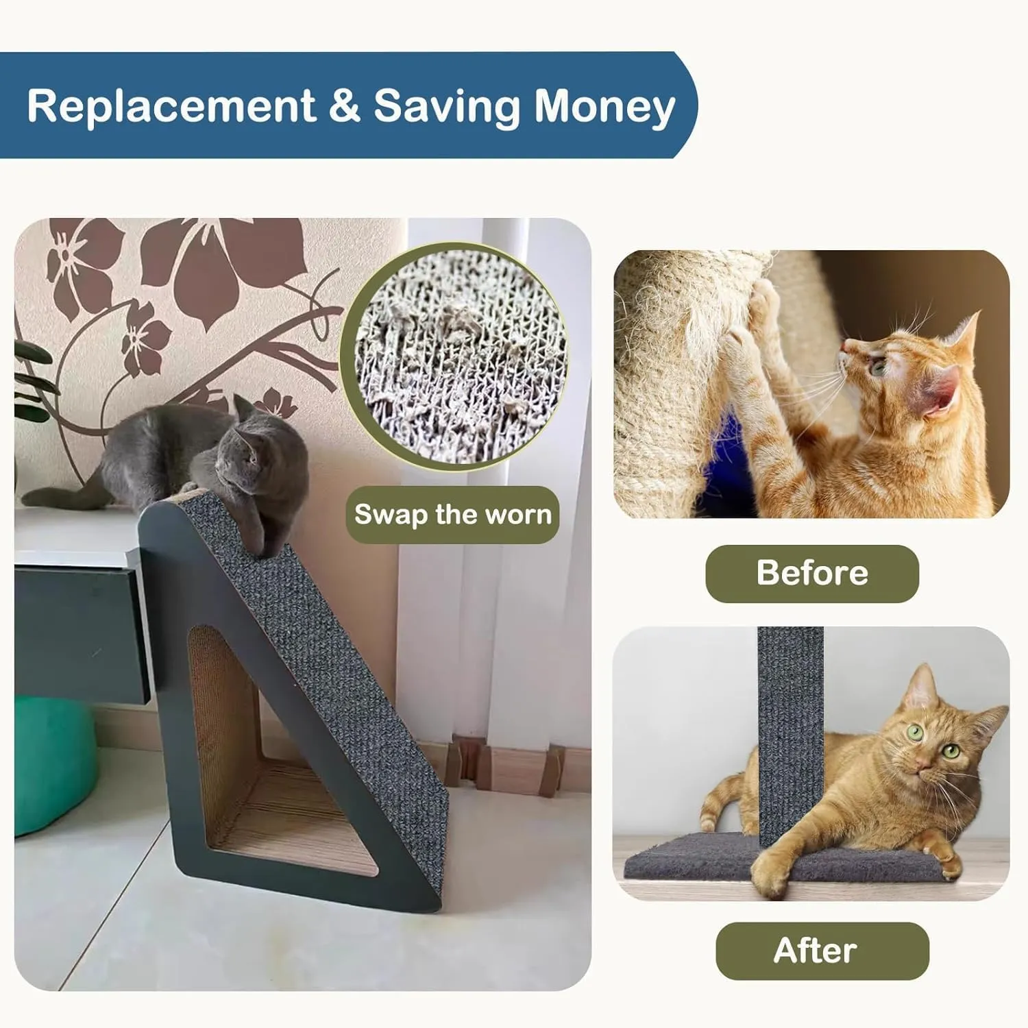 3Pack Cat Scratching Mat, 23.6 x 11.8 in Trimmable Self-Adhesive Cat Scratch Carpet DIY Climbing Cat Scratcher Cat Tree Shelves Couch Furniture Protector (Light Grey)