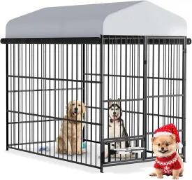 6.6 x 3.9 x 5.9 FT Outdoor Dog Kennel with Roof, Large Dog Kennel Outdoor with Rotating Feeding Bowls, Waterproof and Sunproof Dog Kennel Outside, Covered Dog Outdoor Kennel