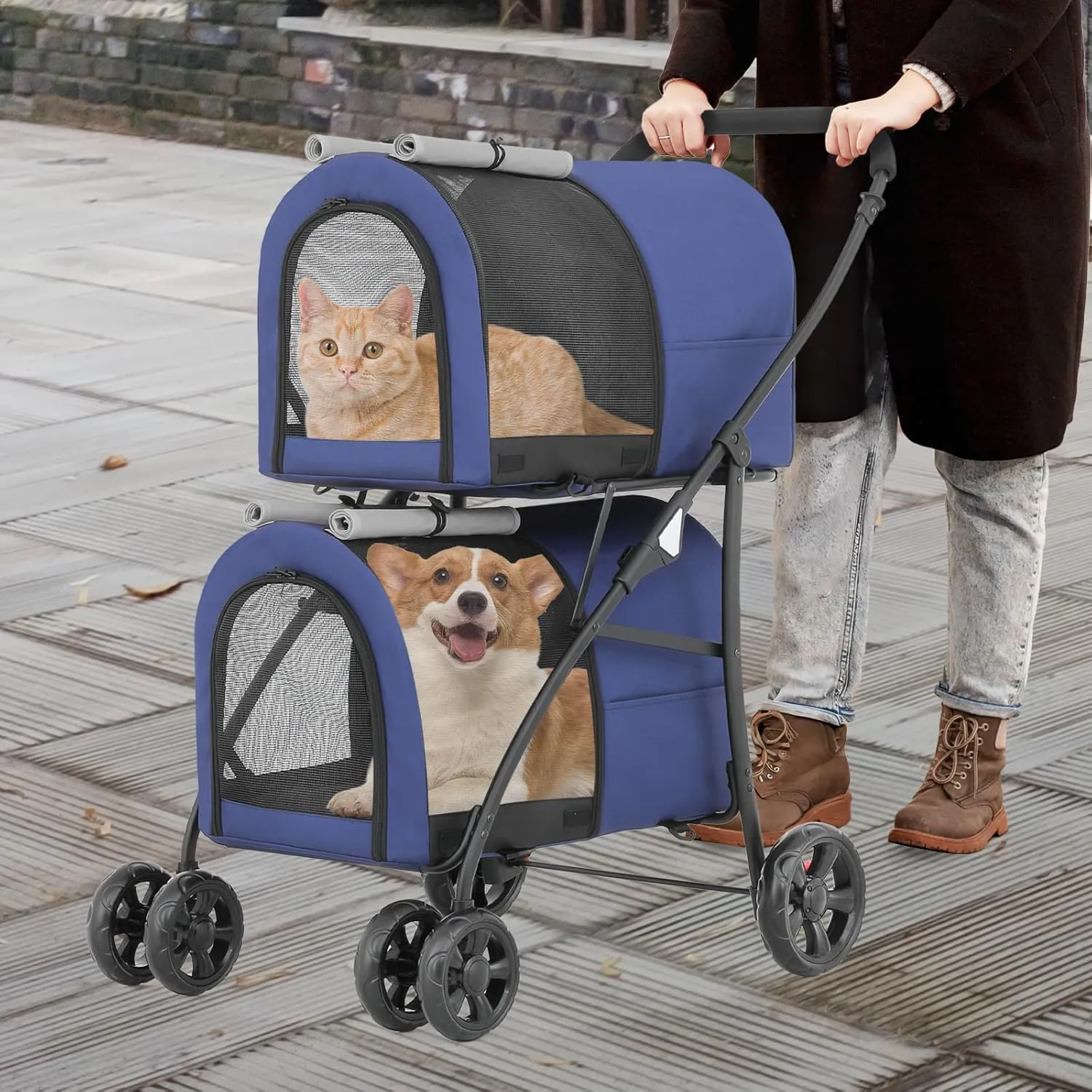 Athena Collection Double Pet Stroller with 2 Detachable Carrier Bag, Foldable Dog Strollers for Small Medium Dog Cat Strollers for 2 Cats with Safety Rope, Lockable Wheels, Pocket for Travel, Blue