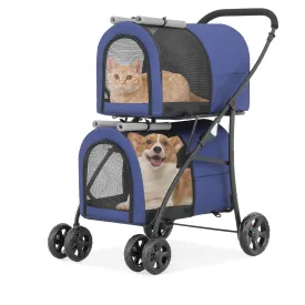 Athena Collection Double Pet Stroller with 2 Detachable Carrier Bag, Foldable Dog Strollers for Small Medium Dog Cat Strollers for 2 Cats with Safety Rope, Lockable Wheels, Pocket for Travel, Blue