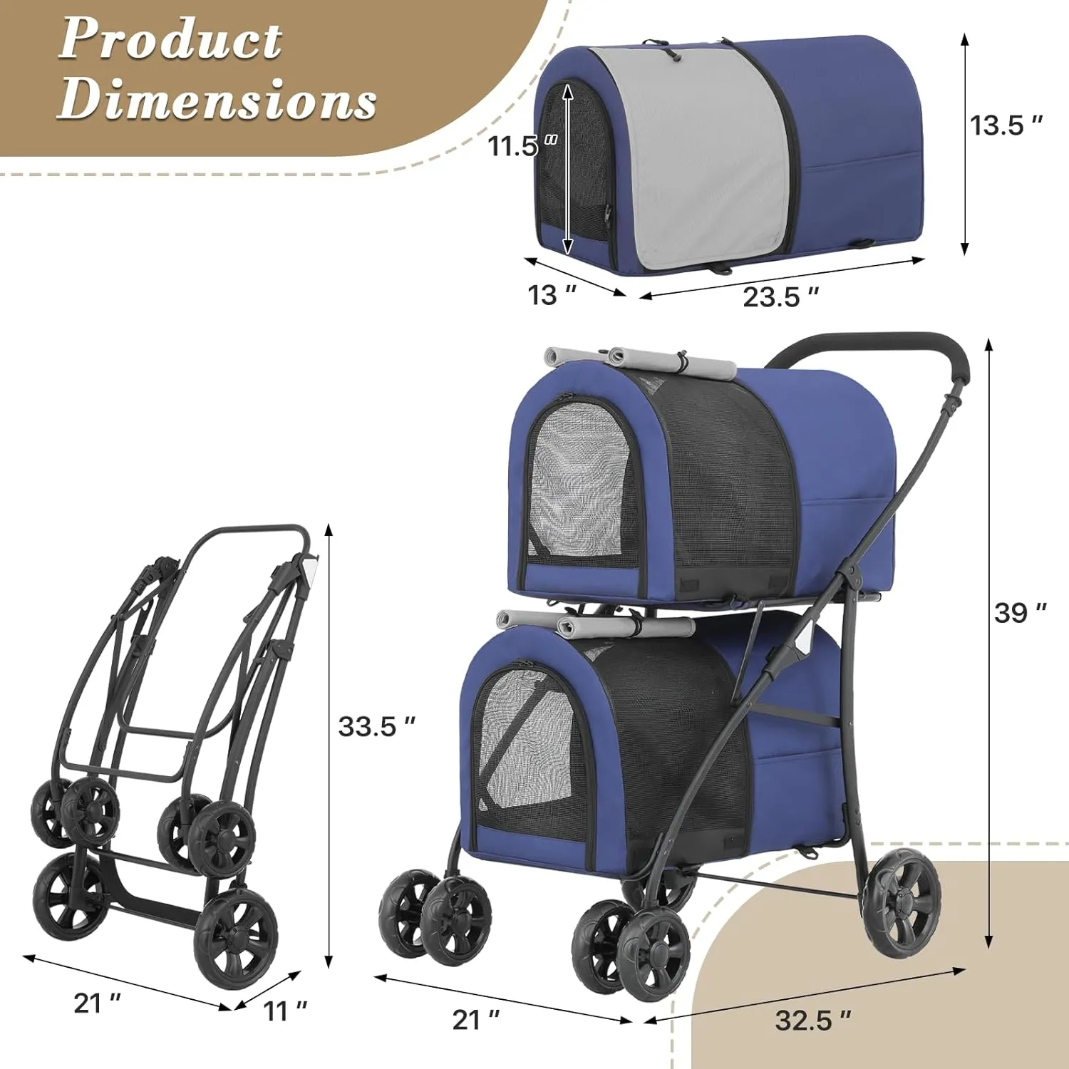 Athena Collection Double Pet Stroller with 2 Detachable Carrier Bag, Foldable Dog Strollers for Small Medium Dog Cat Strollers for 2 Cats with Safety Rope, Lockable Wheels, Pocket for Travel, Blue