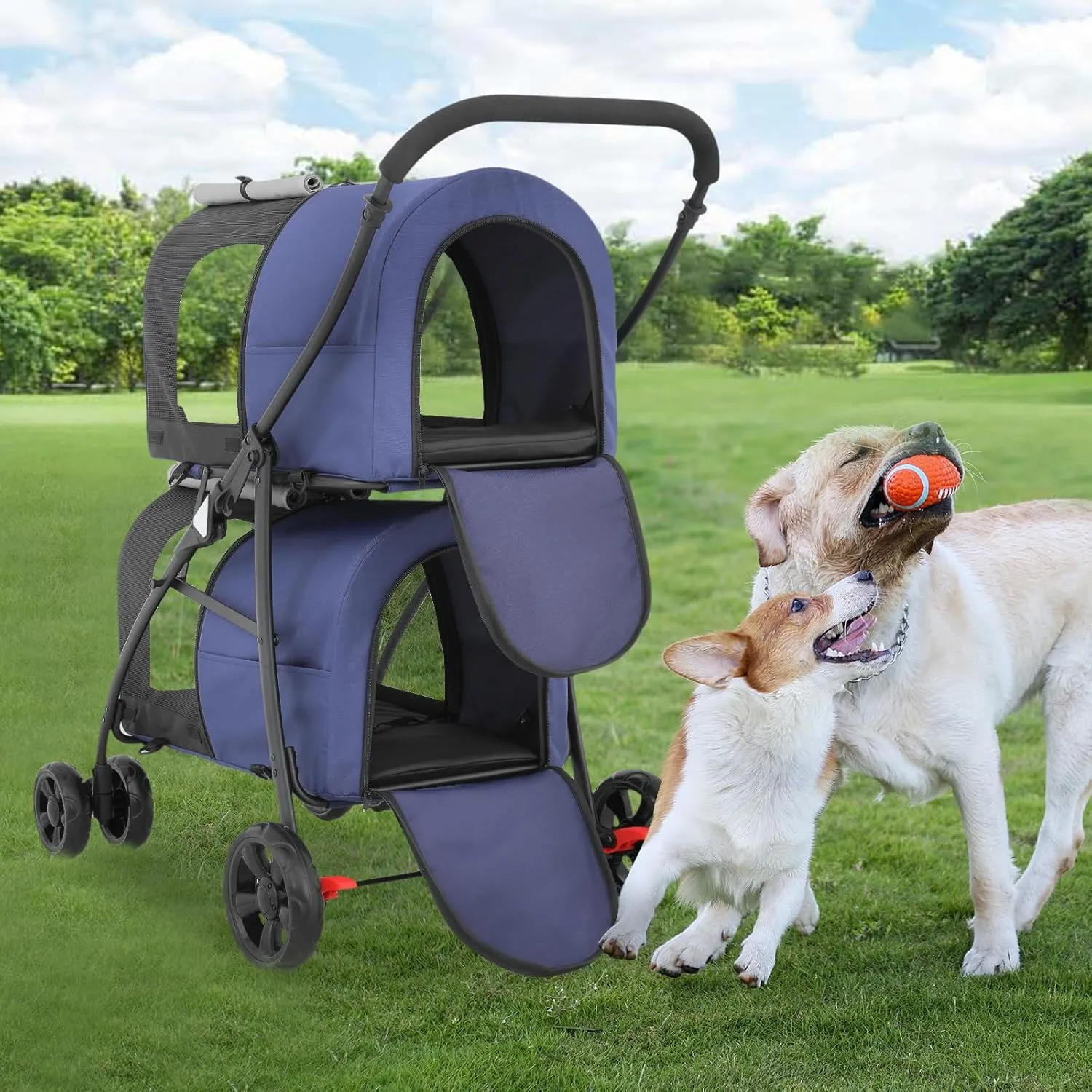 Athena Collection Double Pet Stroller with 2 Detachable Carrier Bag, Foldable Dog Strollers for Small Medium Dog Cat Strollers for 2 Cats with Safety Rope, Lockable Wheels, Pocket for Travel, Blue