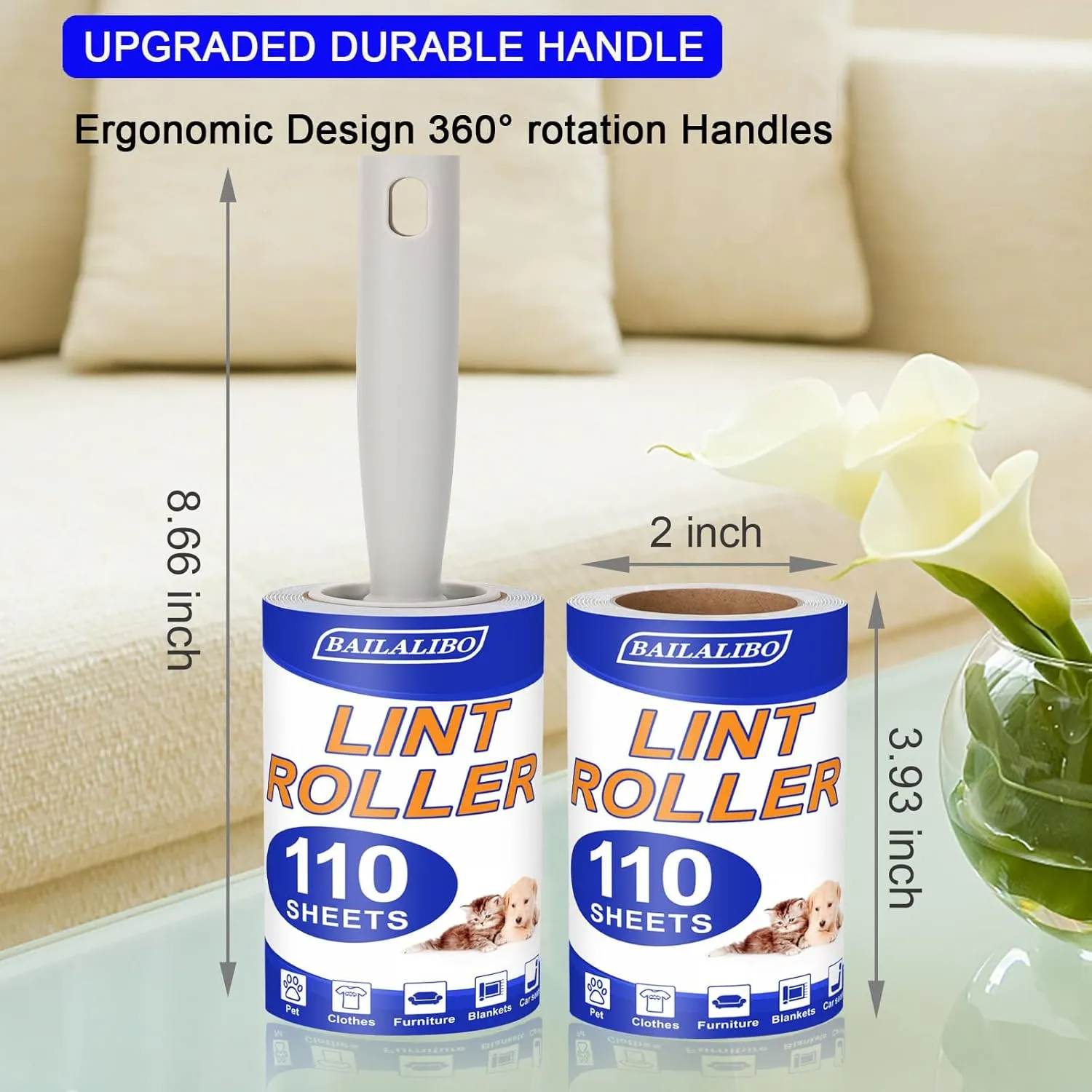 BAILALIBO Lint Rollers for Pet Hair Extra Sticky, 660 Sheets Mega Value Set with 3 Handles 6 Refills, Lint Remover for Clothes, Furniture, Dog, Cat, Carpet