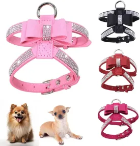 Bling Dog Harness for Girls,Rhinestone Cat Vest Harnesses with Bow Tie Puppy Kitty Cute Fancy Sparkling Pretty Crystal Diamond for Small Pet Yorkie Chihuahua,Pink XXS
