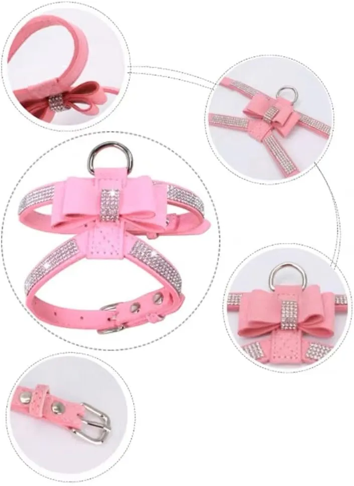 Bling Dog Harness for Girls,Rhinestone Cat Vest Harnesses with Bow Tie Puppy Kitty Cute Fancy Sparkling Pretty Crystal Diamond for Small Pet Yorkie Chihuahua,Pink XXS