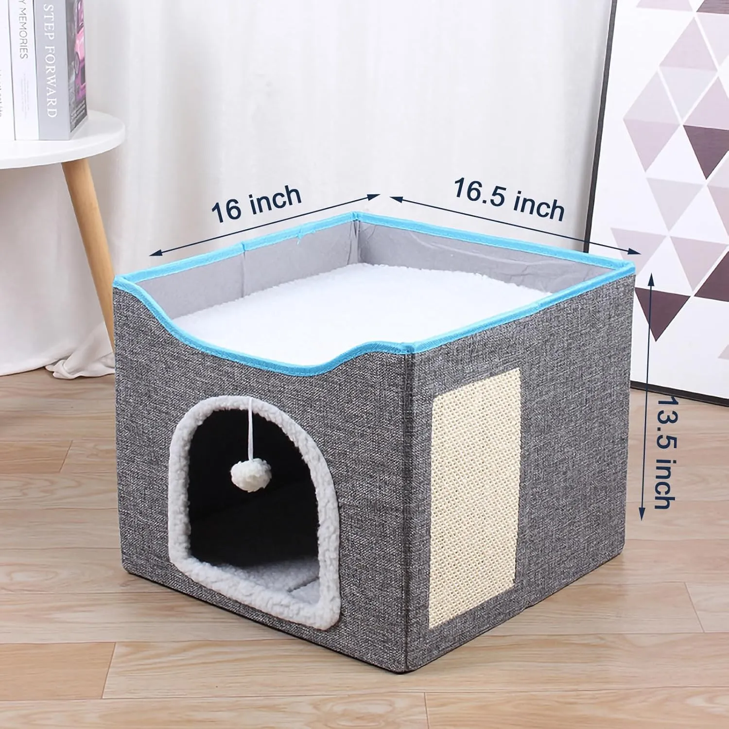 Cat Bed for Indoor Cats Cube House, Covered Cat Cave Beds & Furniture with Scratch Pad and Hideaway Tent, Cute Modern Cat Condo for Multi Small Pet Large Kitten Kitty (Gray)