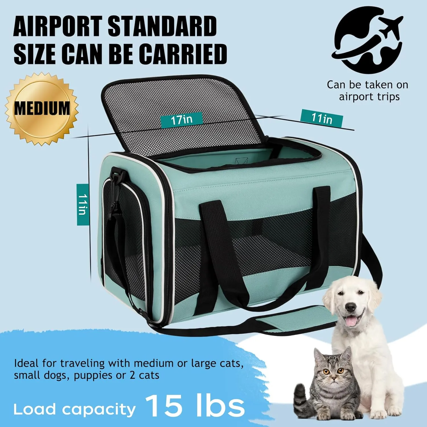 Cat Carrier Soft Sided Breathable Mesh Cat Carrier Airline Approved Dog Carrier Pet Carrier for Pets up to 15 Lbs Portable Dog Travel Carrier with Soft Pad for Small Medium Pets Puppies 17 * 11 * 11