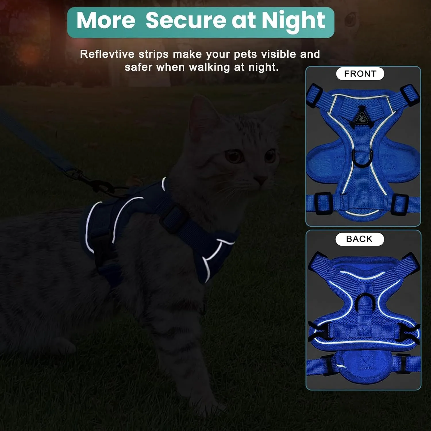 Cat Harness and Leash Set,Escape Proof Adjustable Soft Lightweight Kittens Vest Harnesses with Reflective Strips for Small Medium Large Cats,Walking Travel cat Harness Outdoor