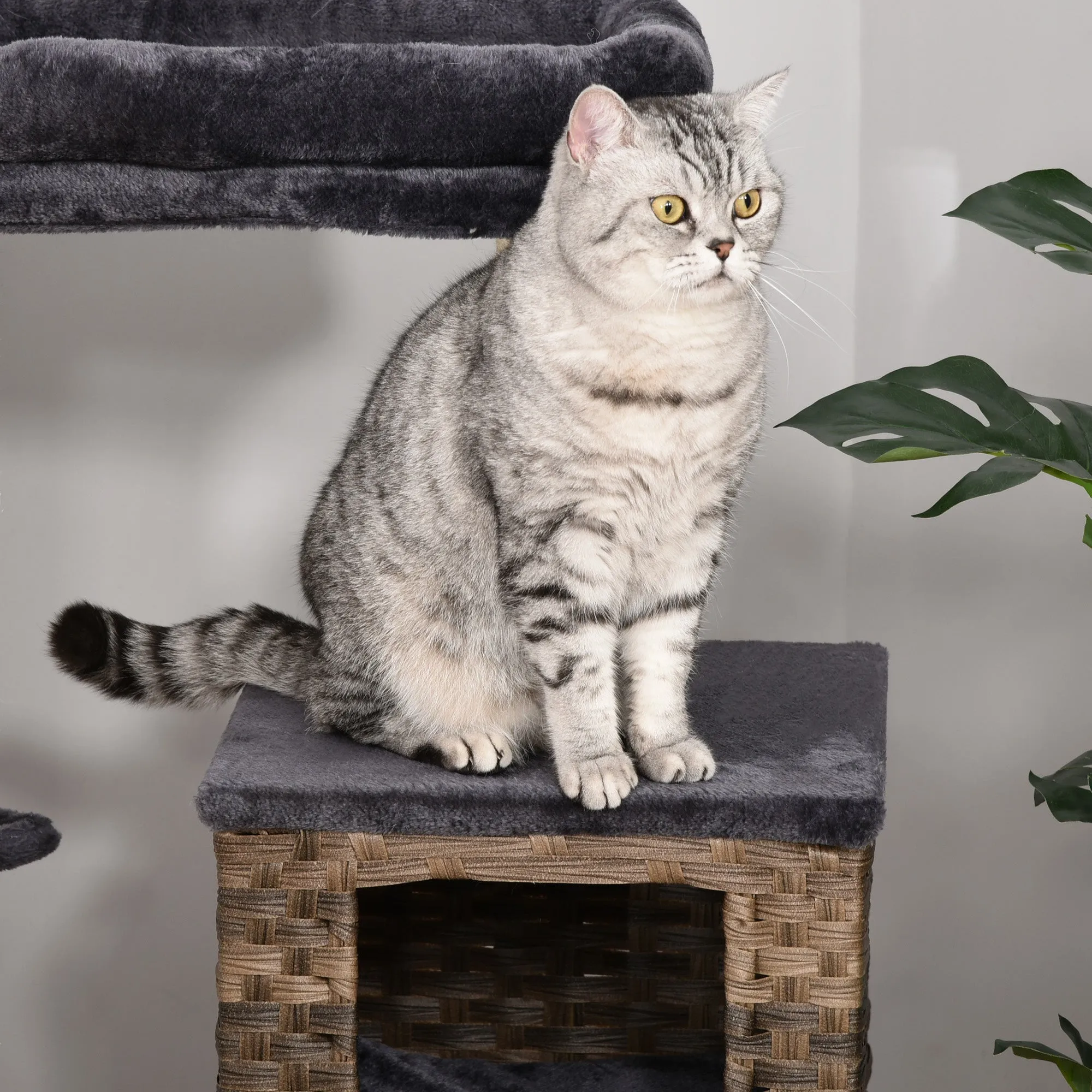 Cat Tree Tower w/ Sisal Posts Condo Hanging Ball Cushion Perch PE Rattan