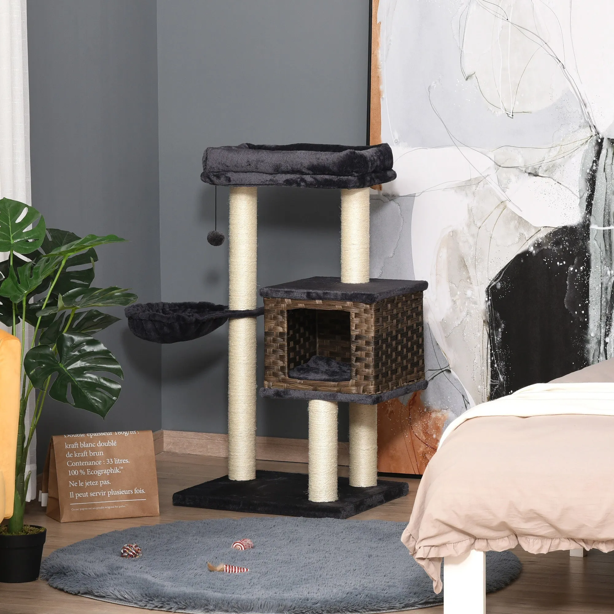 Cat Tree Tower w/ Sisal Posts Condo Hanging Ball Cushion Perch PE Rattan