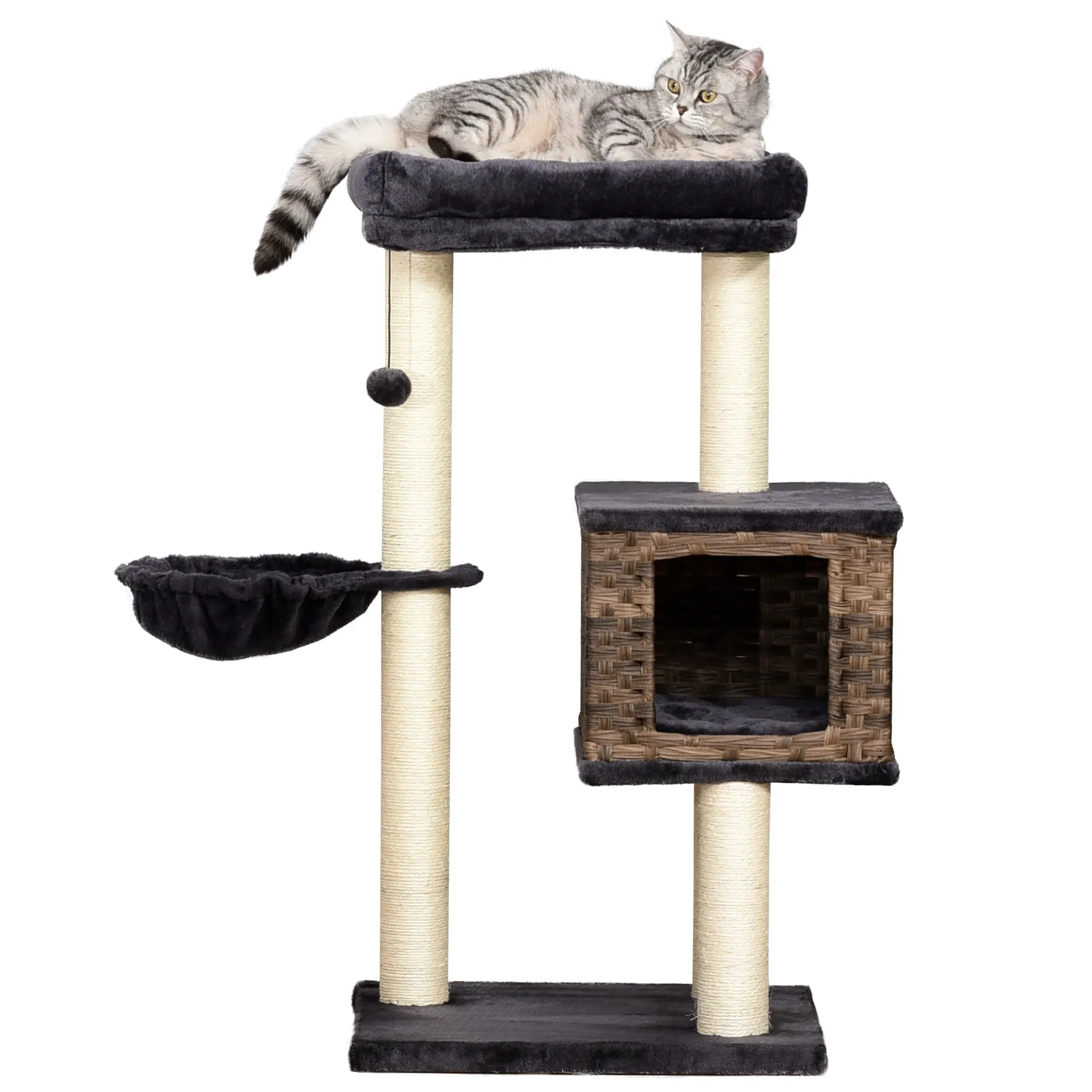 Cat Tree Tower w/ Sisal Posts Condo Hanging Ball Cushion Perch PE Rattan