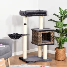 Cat Tree Tower w/ Sisal Posts Condo Hanging Ball Cushion Perch PE Rattan