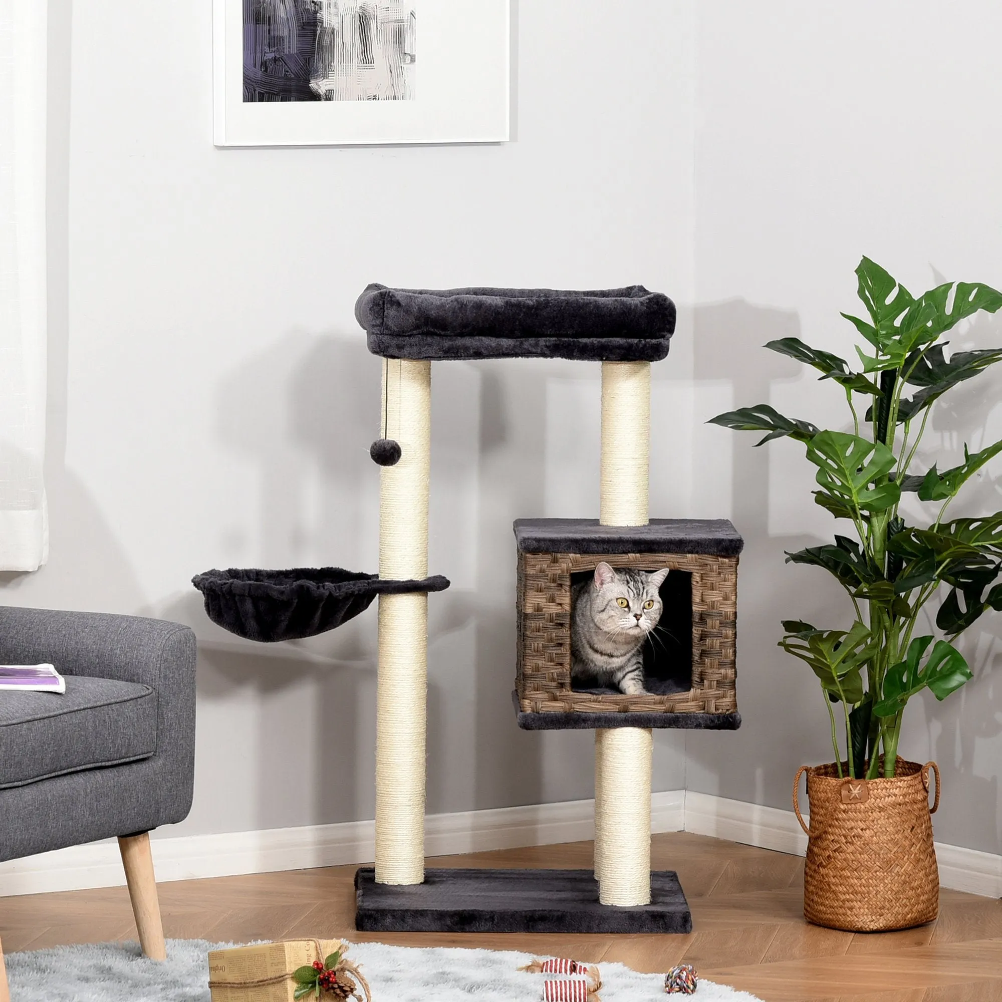 Cat Tree Tower w/ Sisal Posts Condo Hanging Ball Cushion Perch PE Rattan