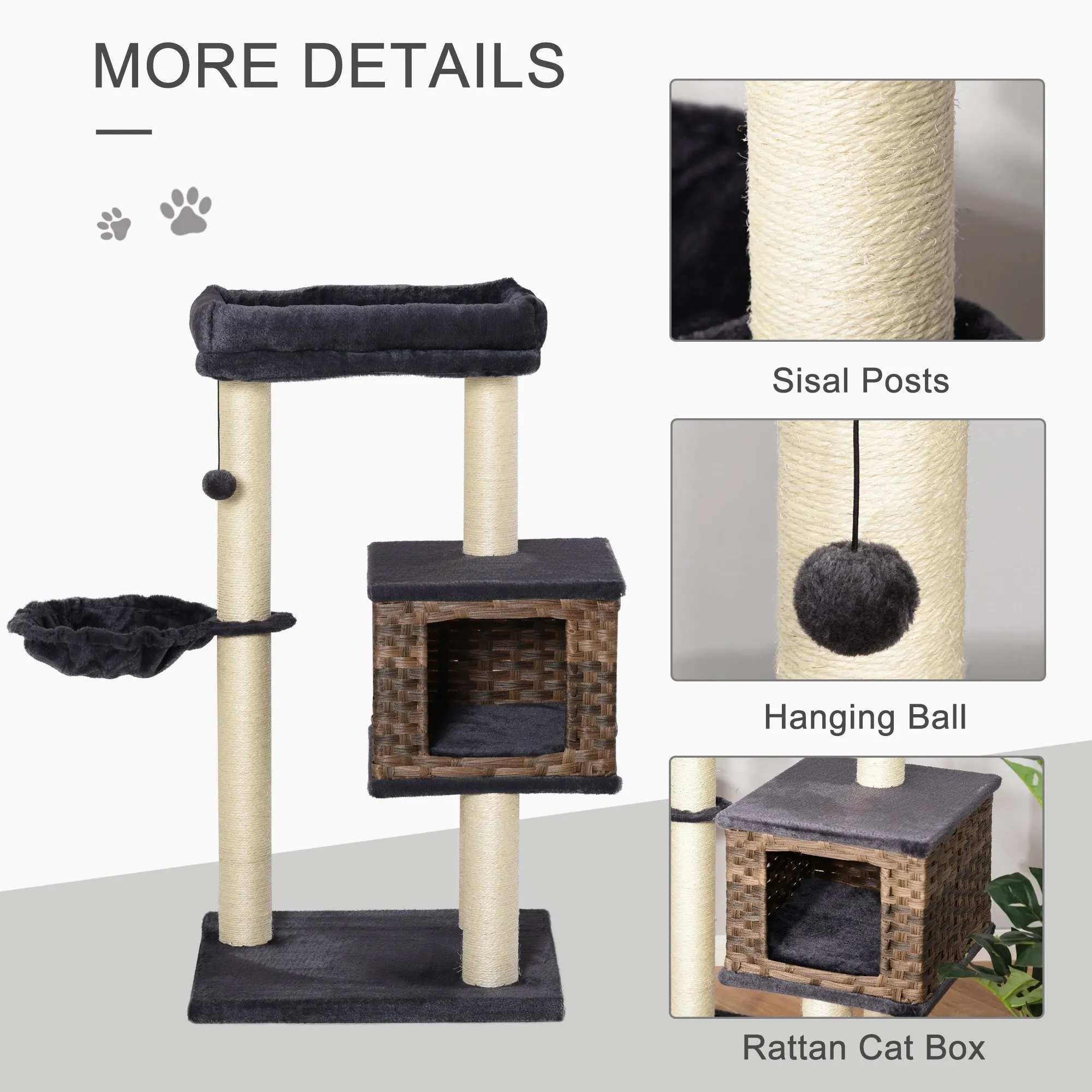 Cat Tree Tower w/ Sisal Posts Condo Hanging Ball Cushion Perch PE Rattan