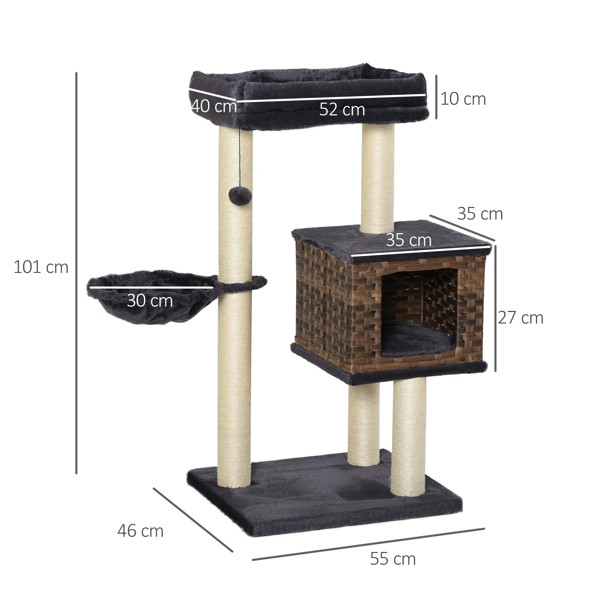 Cat Tree Tower w/ Sisal Posts Condo Hanging Ball Cushion Perch PE Rattan