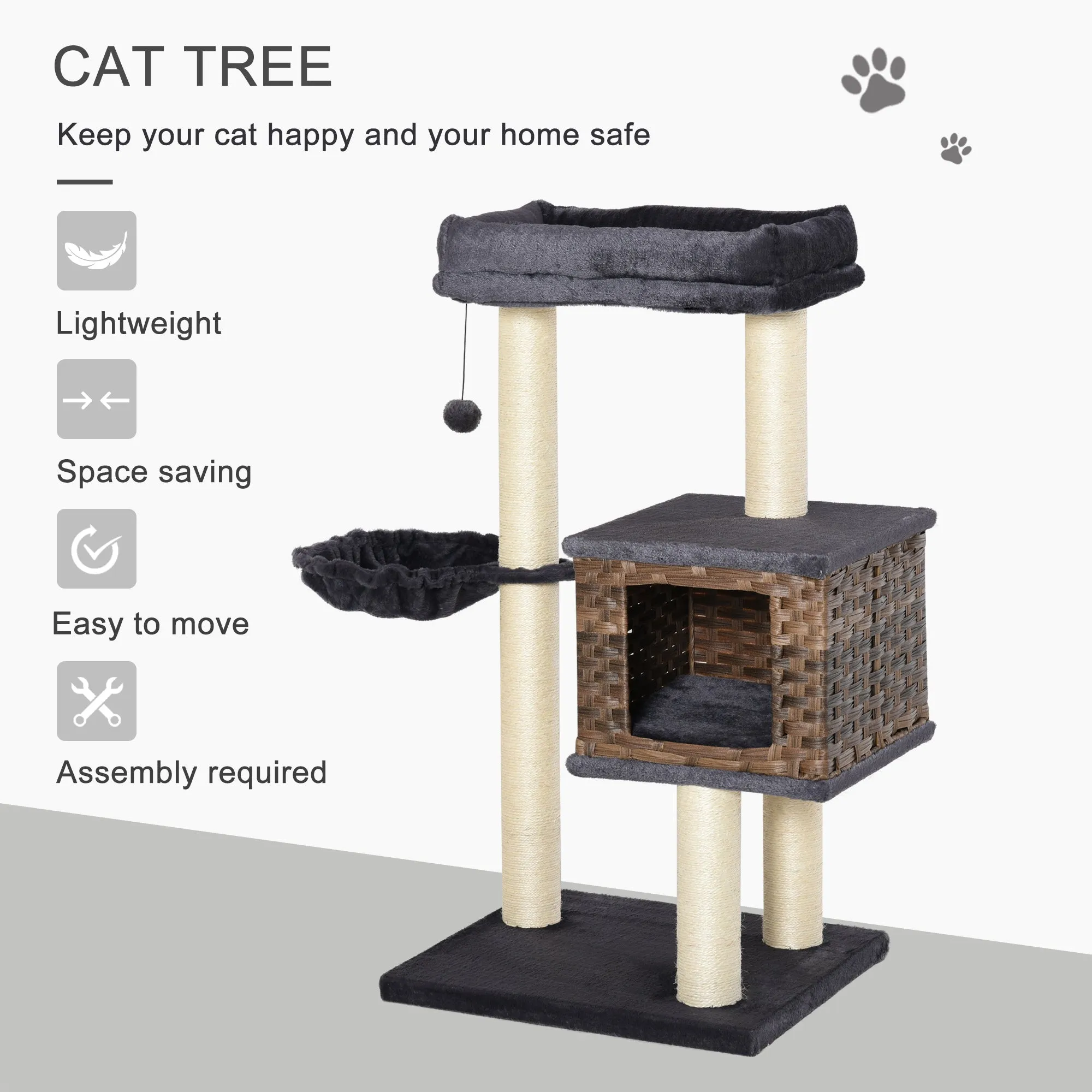 Cat Tree Tower w/ Sisal Posts Condo Hanging Ball Cushion Perch PE Rattan