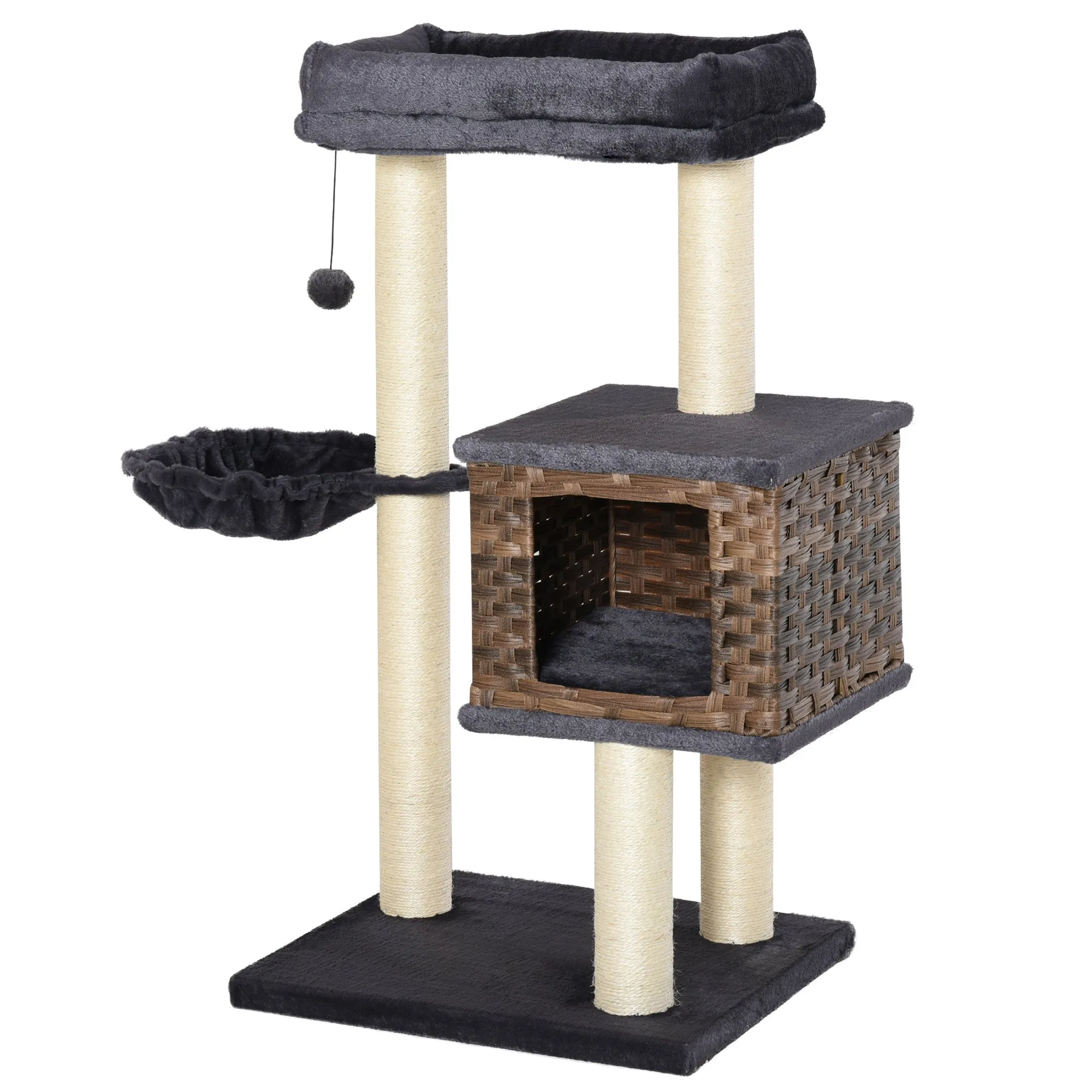 Cat Tree Tower w/ Sisal Posts Condo Hanging Ball Cushion Perch PE Rattan