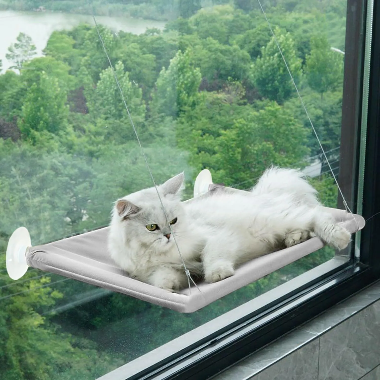Cat Window Perch - Cozy Hammock Bed, 21.65x11.8 Inch, Heavy Duty Suction Cups, Enjoy the View (Grey With Bed Mat)