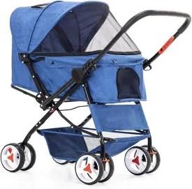 Cat/Dog Stroller Easy One-Hand Fold 4 Wheel Dog Strollers for Medium Small Dogs Reversible Push Handle Pet Stroller Puppy & Kitten Carrier Extended Cockpit (Blue)