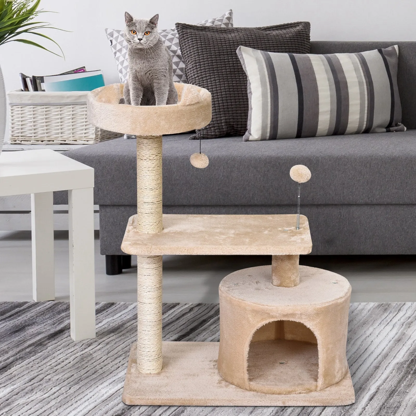 Cats 3-Tier Sisal Rope Scratching Post w/ Toys Beige