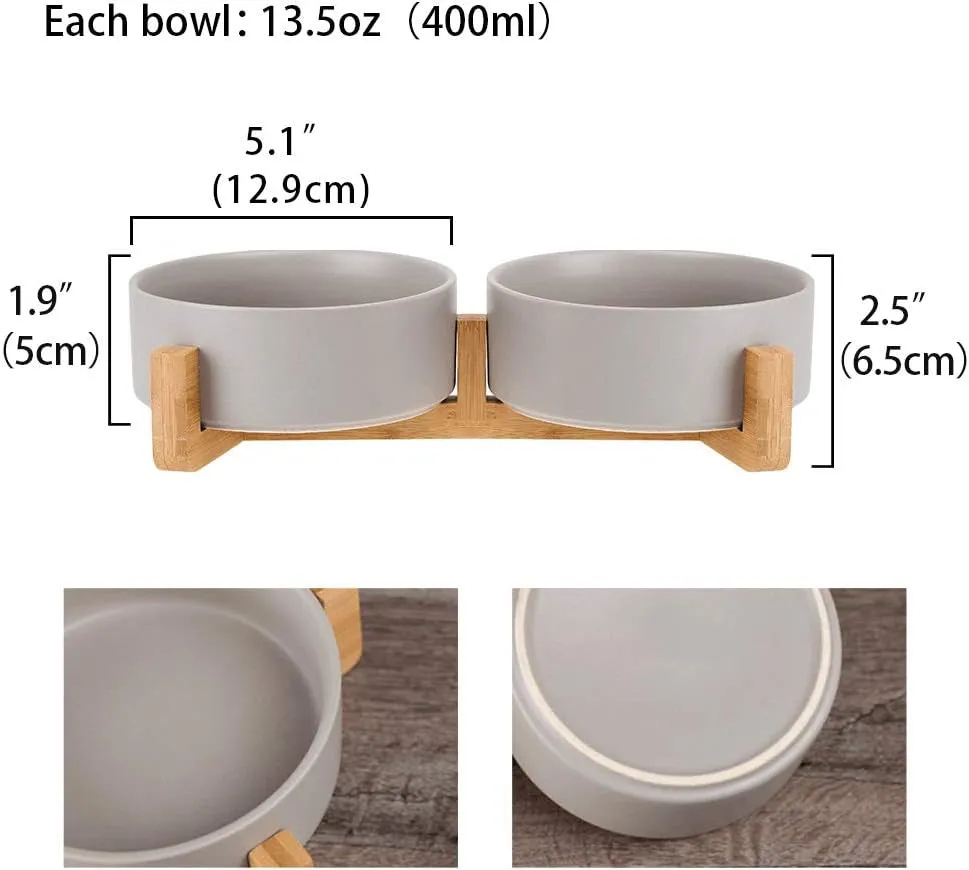 Ceramic Cat Dog Bowl Dish with Wood Stand No Spill Pet Food Water Feeder Cats Small Dogs Set of 2