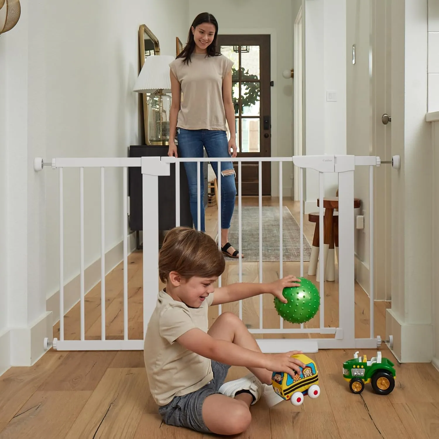 Cumbor 2 Pack 29.7-46" Baby Gate for Stairs, Mom's Choice Awards Winner-Auto Close Dog Gate for doorways, Easy Install Pressure Mounted Pet Gates indoor, Easy Walk Thru Wide Safety Gate for Dog, White