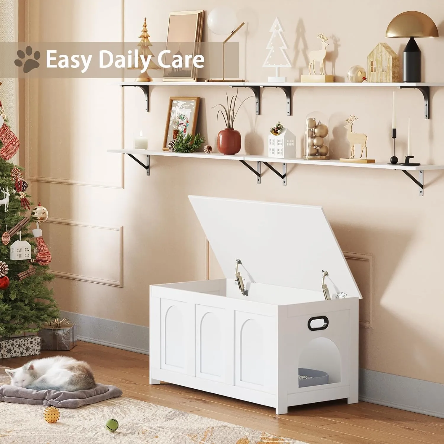 DINZI LVJ Cat Litter Box Enclosure, Flip Top Litter Box Furniture, Farmhouse Hidden Cat Washroom, Wooden Pet House, End Side Table, 39.4" L x 19.7" W x 19.7" H, Sturdy and Easy to Assemble, White