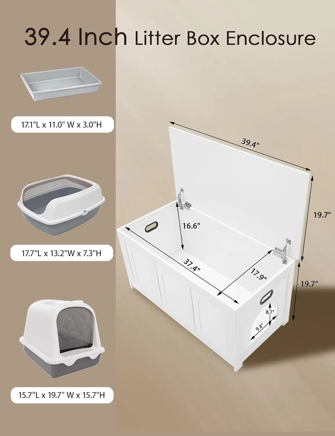 DINZI LVJ Cat Litter Box Enclosure, Flip Top Litter Box Furniture, Farmhouse Hidden Cat Washroom, Wooden Pet House, End Side Table, 39.4" L x 19.7" W x 19.7" H, Sturdy and Easy to Assemble, White