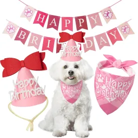 Dog Birthday Party Decoration, Pet Birthday Bandana Set - Includes Birthday Hat & Banner, Multi Size Offered, Dog Birthday Party Supplies for Puppy, Small & Large Dogs, Girl Pet (Pink,XS)