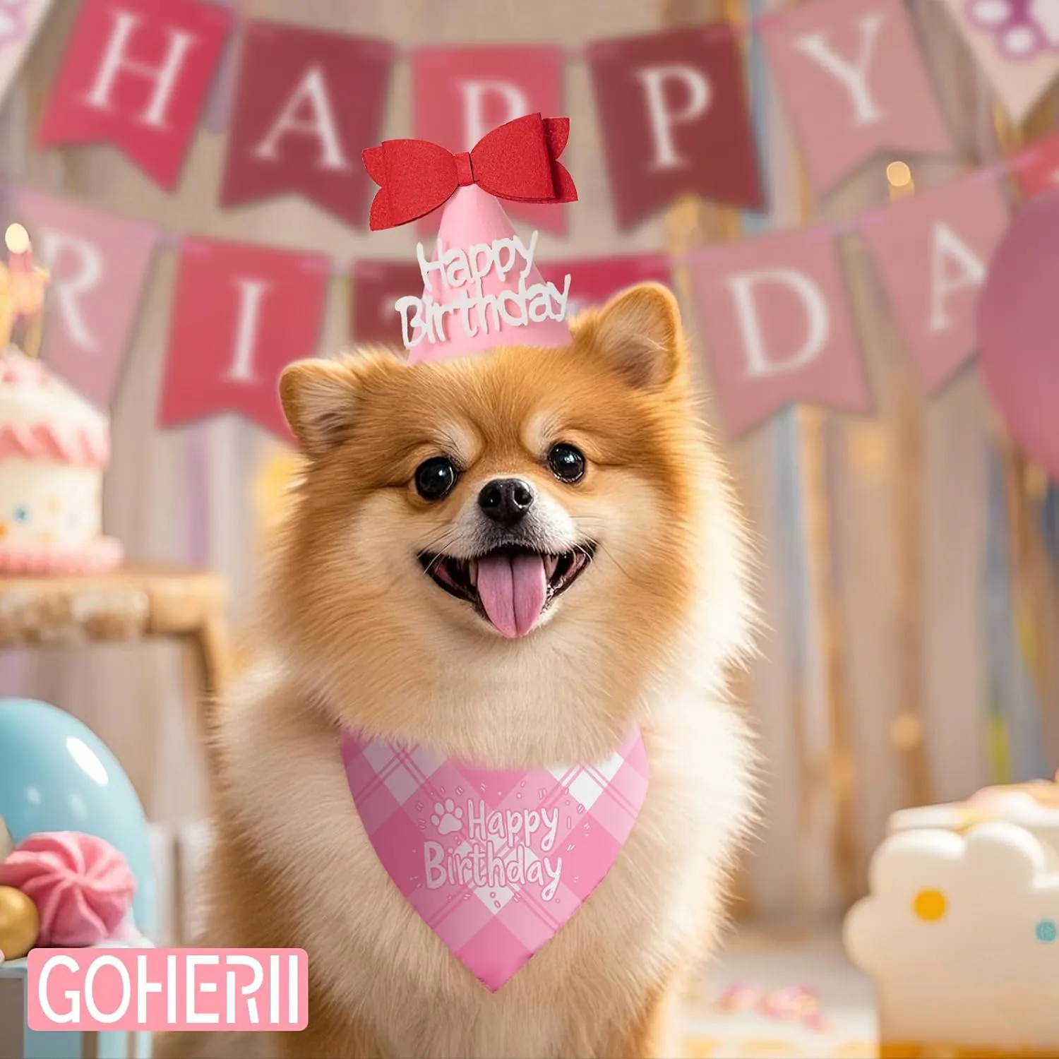 Dog Birthday Party Decoration, Pet Birthday Bandana Set - Includes Birthday Hat & Banner, Multi Size Offered, Dog Birthday Party Supplies for Puppy, Small & Large Dogs, Girl Pet (Pink,XS)