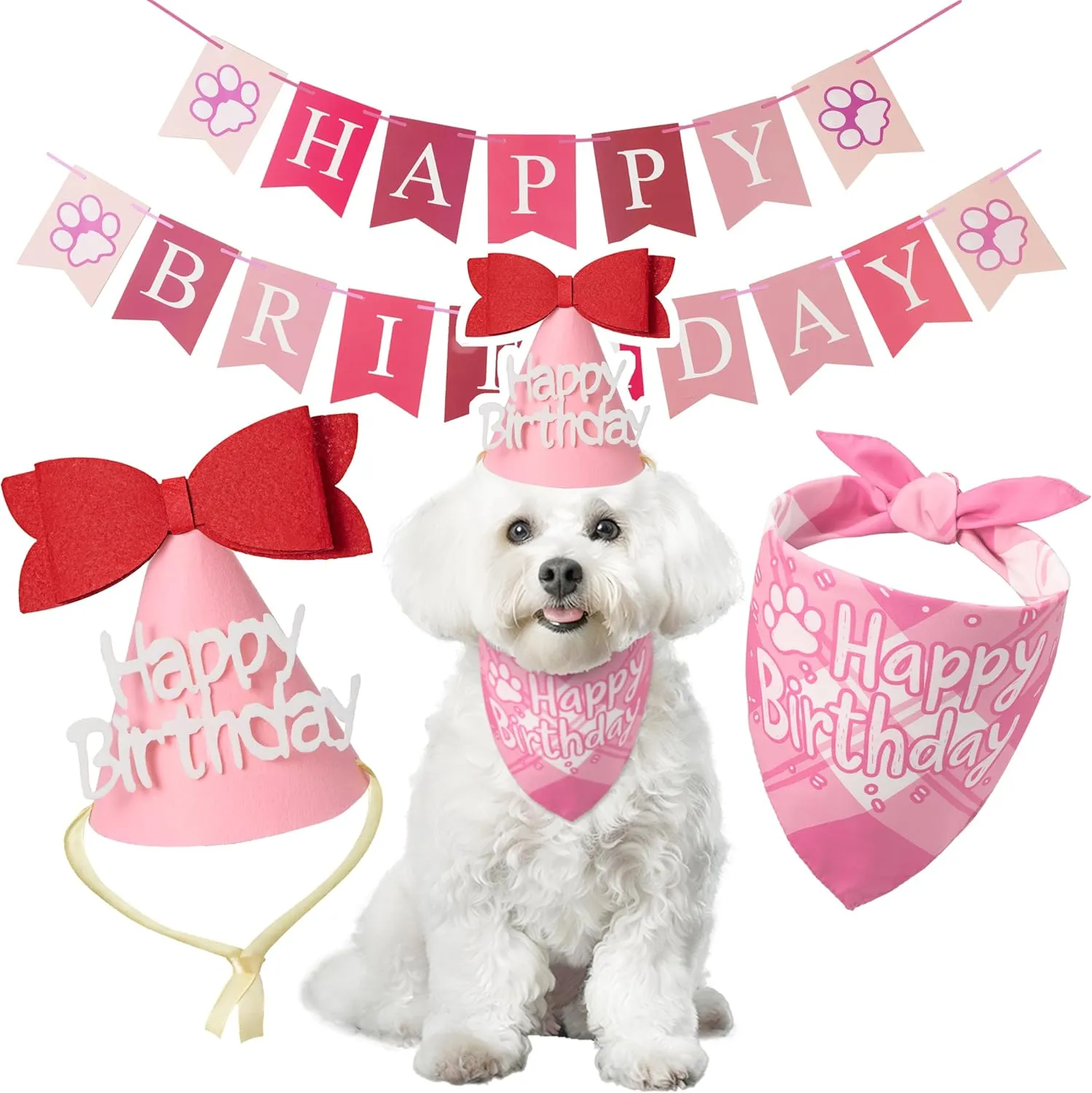 Dog Birthday Party Decoration, Pet Birthday Bandana Set - Includes Birthday Hat & Banner, Multi Size Offered, Dog Birthday Party Supplies for Puppy, Small & Large Dogs, Girl Pet (Pink,XS)
