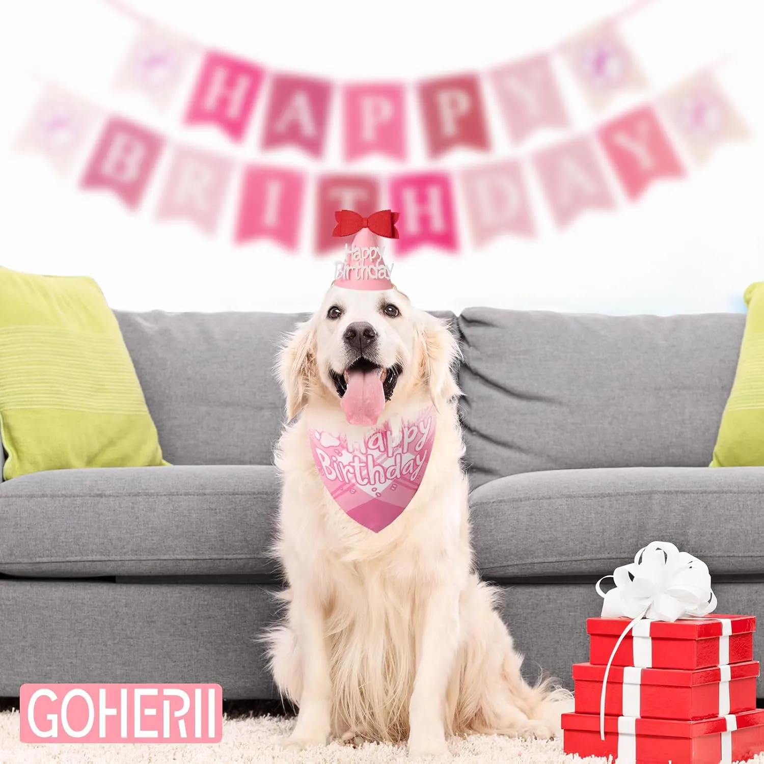 Dog Birthday Party Decoration, Pet Birthday Bandana Set - Includes Birthday Hat & Banner, Multi Size Offered, Dog Birthday Party Supplies for Puppy, Small & Large Dogs, Girl Pet (Pink,XS)