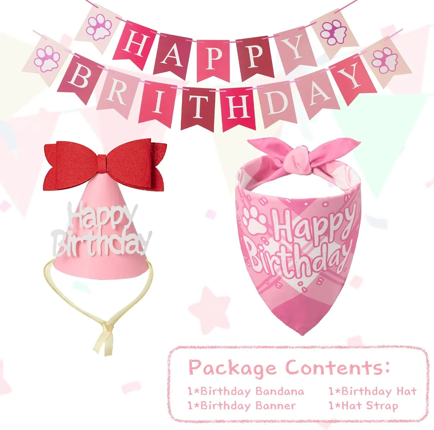 Dog Birthday Party Decoration, Pet Birthday Bandana Set - Includes Birthday Hat & Banner, Multi Size Offered, Dog Birthday Party Supplies for Puppy, Small & Large Dogs, Girl Pet (Pink,XS)