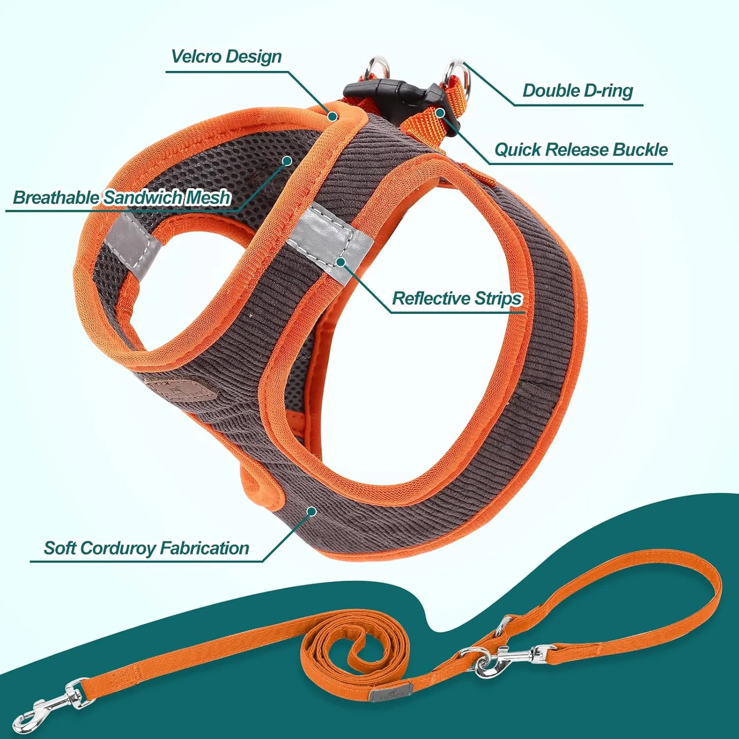 Dog Harness with Multifunction Dog Leash,No Pull Reflective Step-in Harness for Soft Adjustable No Choke Escape Proof,Easy Walk Dog Harness for Medium Dogs (Orange&Dark Grey, M)