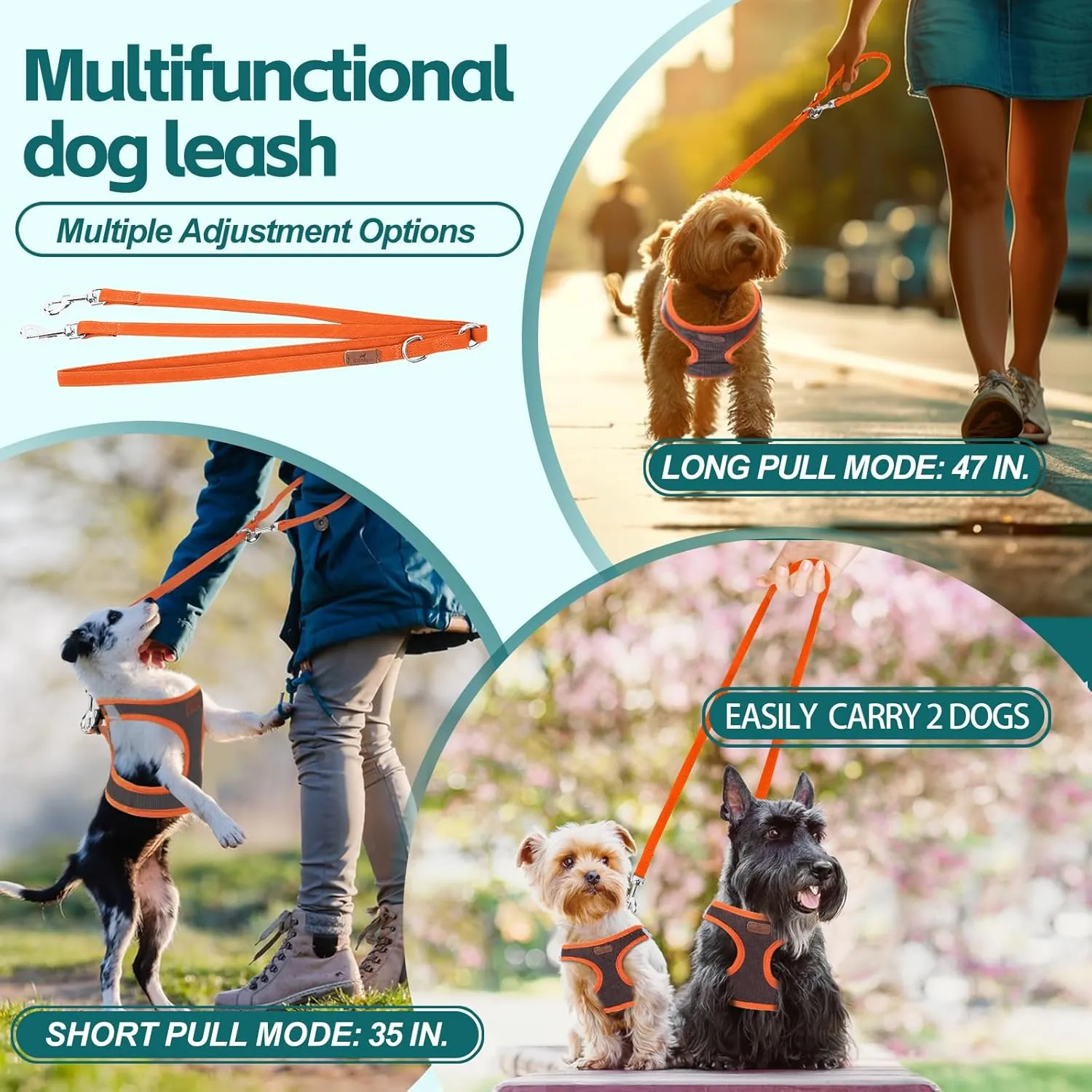 Dog Harness with Multifunction Dog Leash,No Pull Reflective Step-in Harness for Soft Adjustable No Choke Escape Proof,Easy Walk Dog Harness for Medium Dogs (Orange&Dark Grey, M)