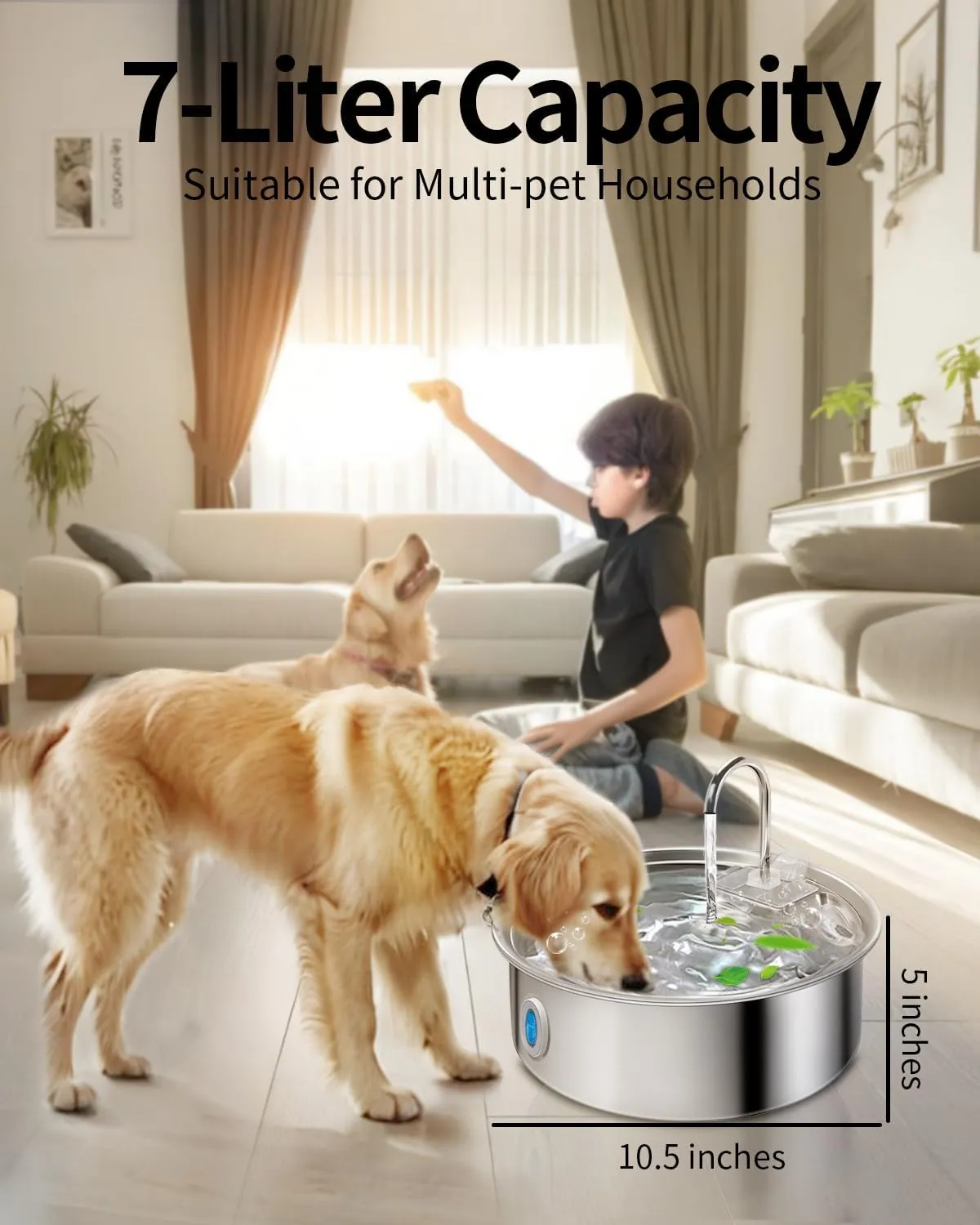 Dog Water Fountain for Large Dogs,7L/236oz/1.8G Stainless Steel Pet Water Dispenser with 6 Filters and Ultra Quiet Pump for Dogs Cats Multi-Pet Home,Automatic Filtered Pet Water Fountain