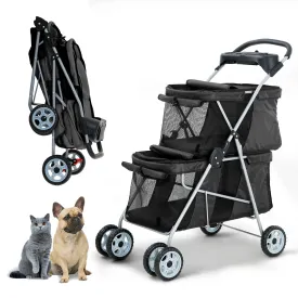Double Pet Stroller for Small Medium Dogs, 4 Wheels Folding Travel Carrier Cage with Cup Holder for 2 Doggie Puppy Or Two Kitty,Black