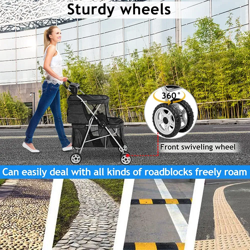 Double Pet Stroller for Small Medium Dogs, 4 Wheels Folding Travel Carrier Cage with Cup Holder for 2 Doggie Puppy Or Two Kitty,Black