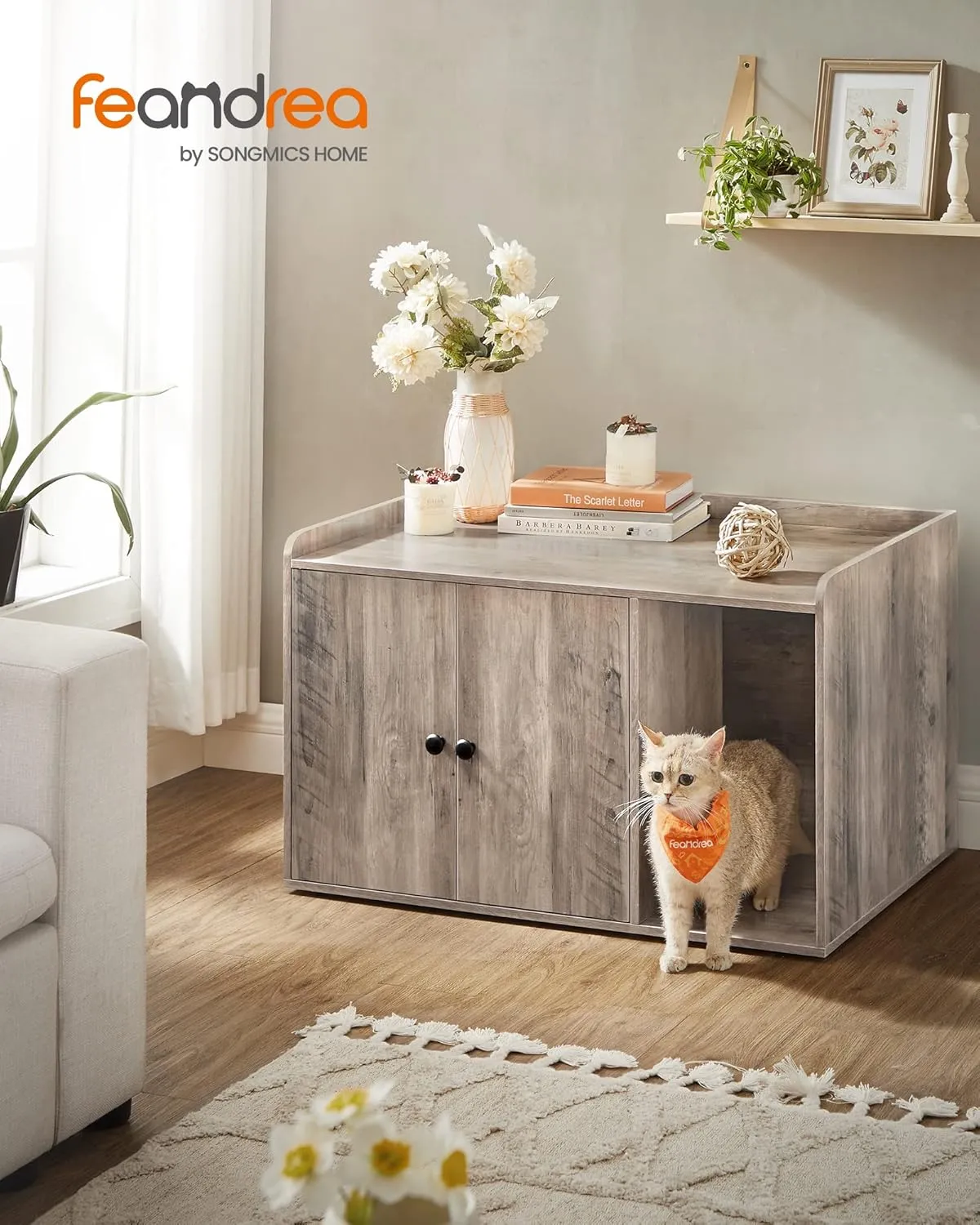 Feandrea Litter Box Enclosure, Cat Litter Box Furniture Hidden, with Front Entry, Modern Cat House for Indoor Cat, Kitty, Side End Table, 32.4 x 20.9 x 19.7 Inches, Greige UPCL001G01
