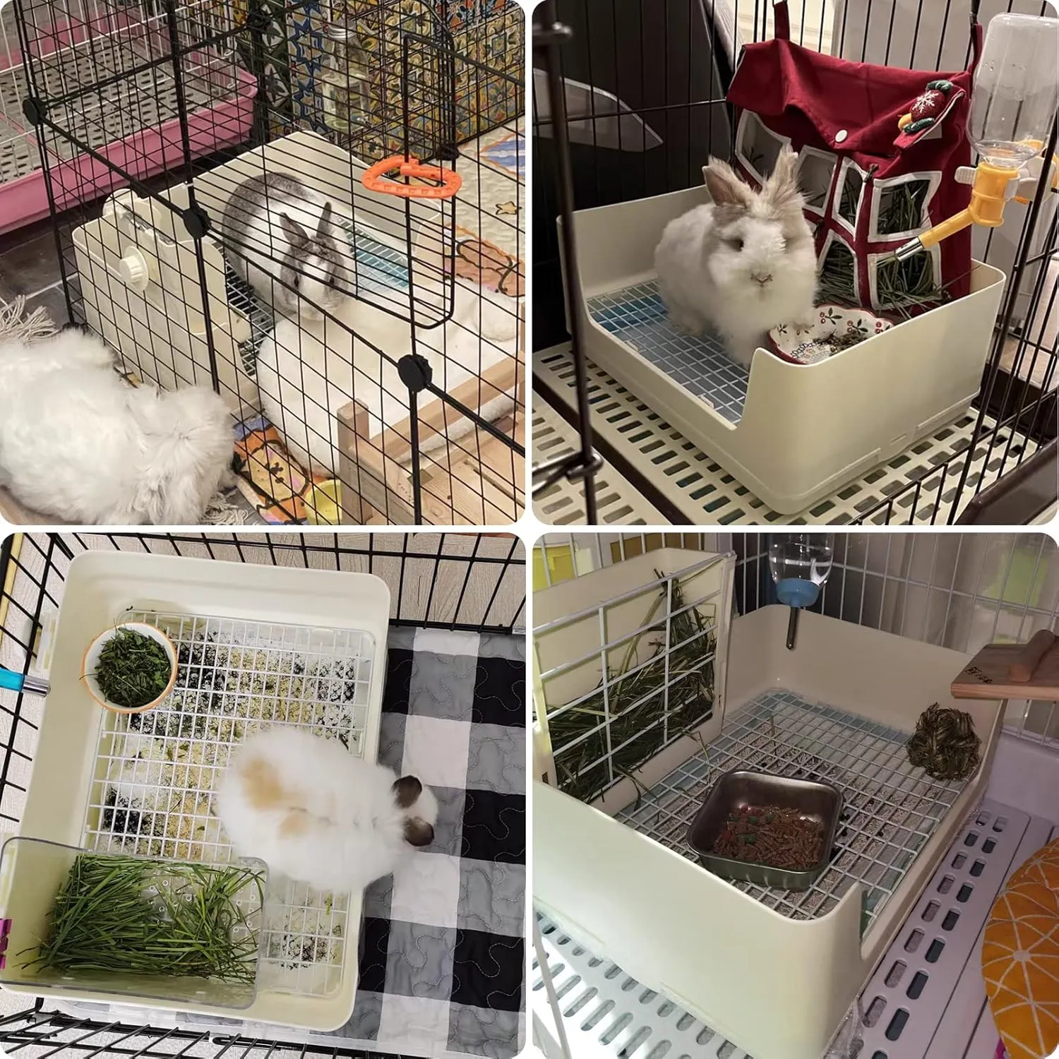 Fhiny Large Rabbit Litter Box for Cage, Plastic Guinea Pig Ltter Pan with 6 PCS Disposable Pee Pads Potty Trainer Corner Toilet Box for Bunny Guinea Pigs Ferrets Chinchillas Small Animals (White)